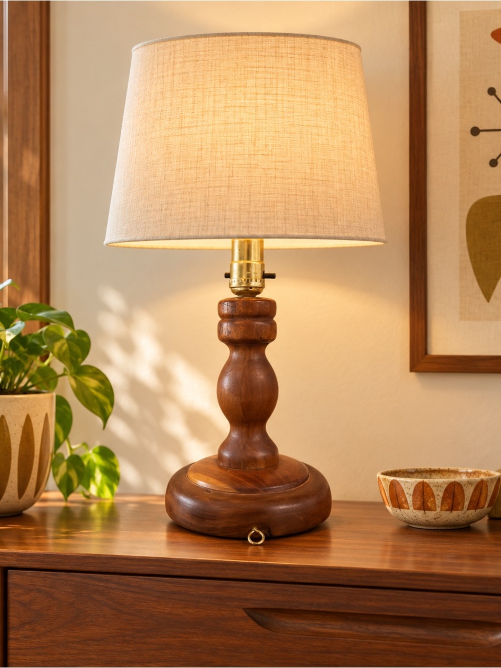 Vintage Turned Wood Table Lamp Base Rustic Farmhouse MCM Accent Light